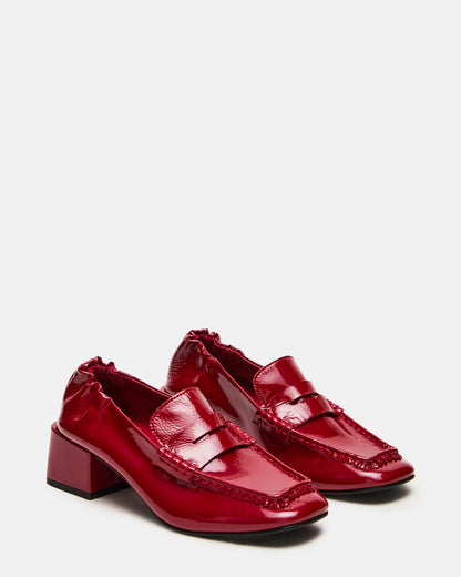 ESTEE Red Crinkle Patent Square-Toe Heeled Women's Loafer Steve Madden RED CRINKLE PATENT