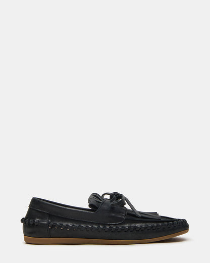 SAMUAL Black Distressed Fringe Boat Women's Loafer Steve Madden BLACK DISTRESSED