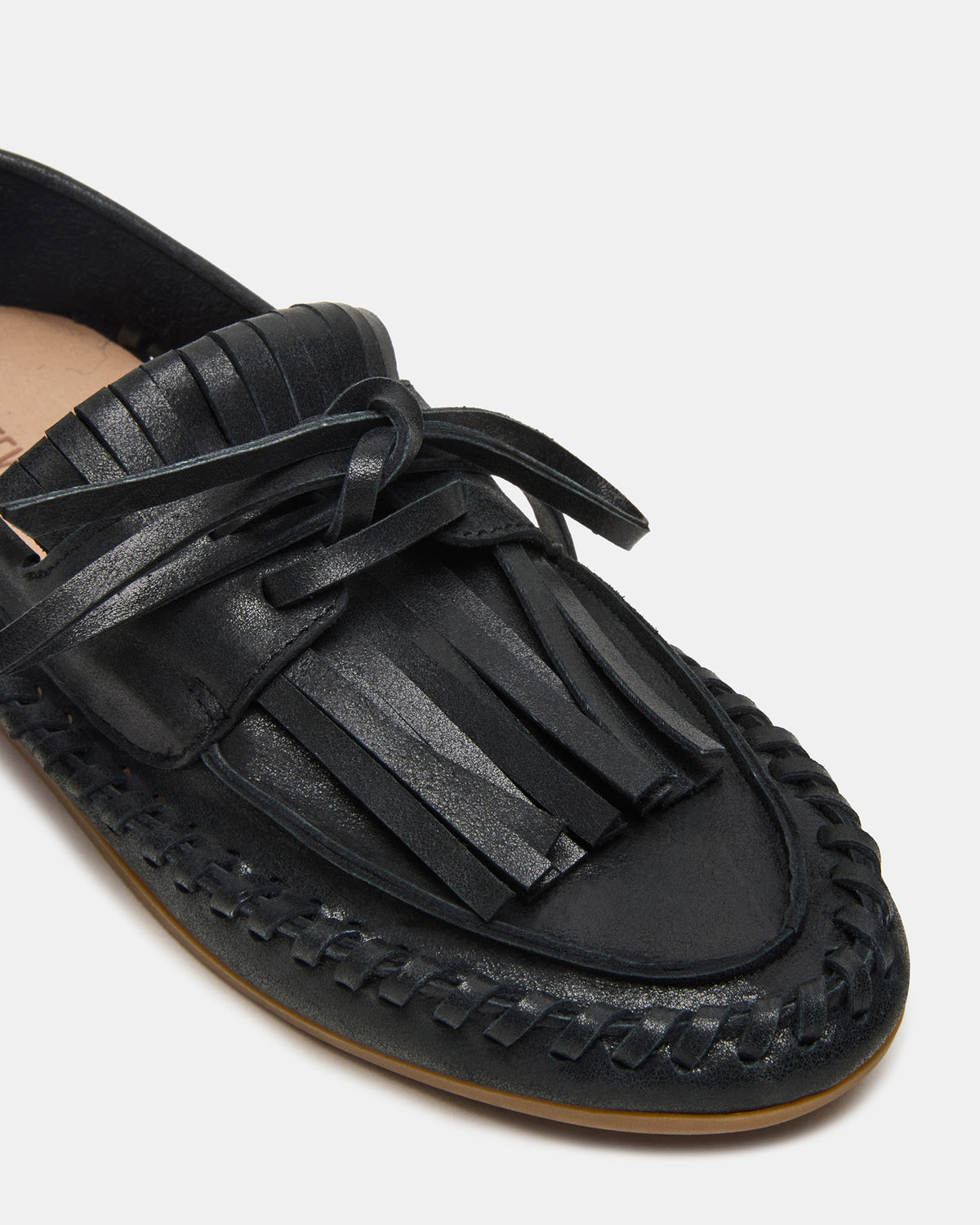 SAMUAL Black Distressed Fringe Boat Women's Loafer Steve Madden BLACK DISTRESSED