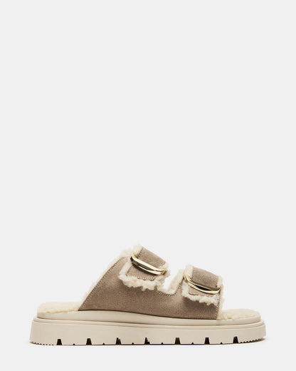SNUGGLE Sand Suede Faux Fur Slide | Women's Flats Steve Madden SAND SUEDE