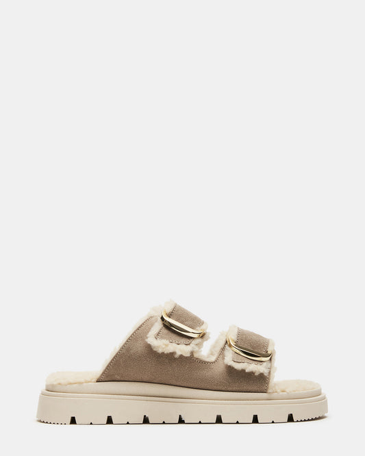 SNUGGLE Sand Suede Faux Fur Slide | Women's Flats Steve Madden SAND SUEDE