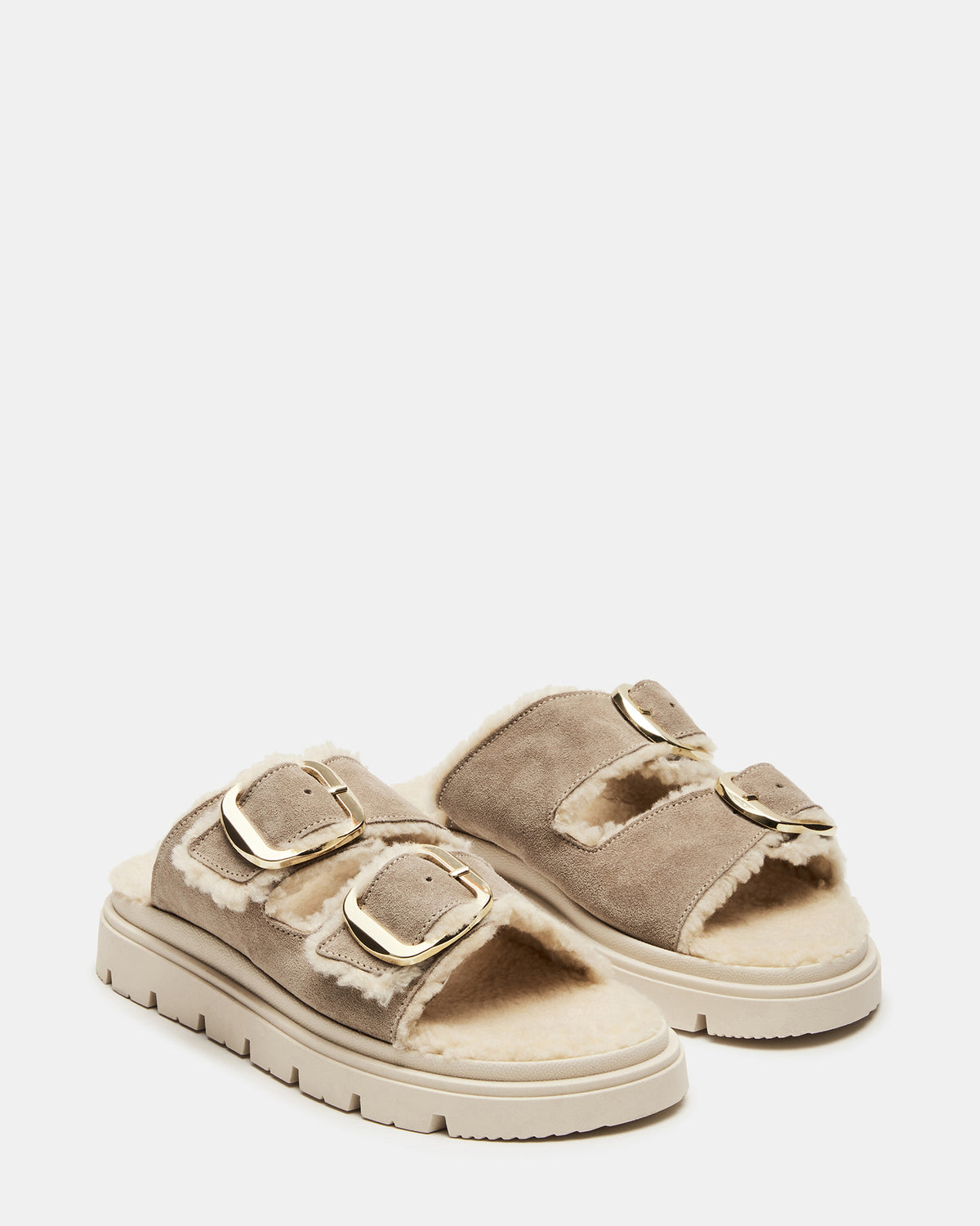 SNUGGLE Sand Suede Faux Fur Slide | Women's Flats Steve Madden SAND SUEDE