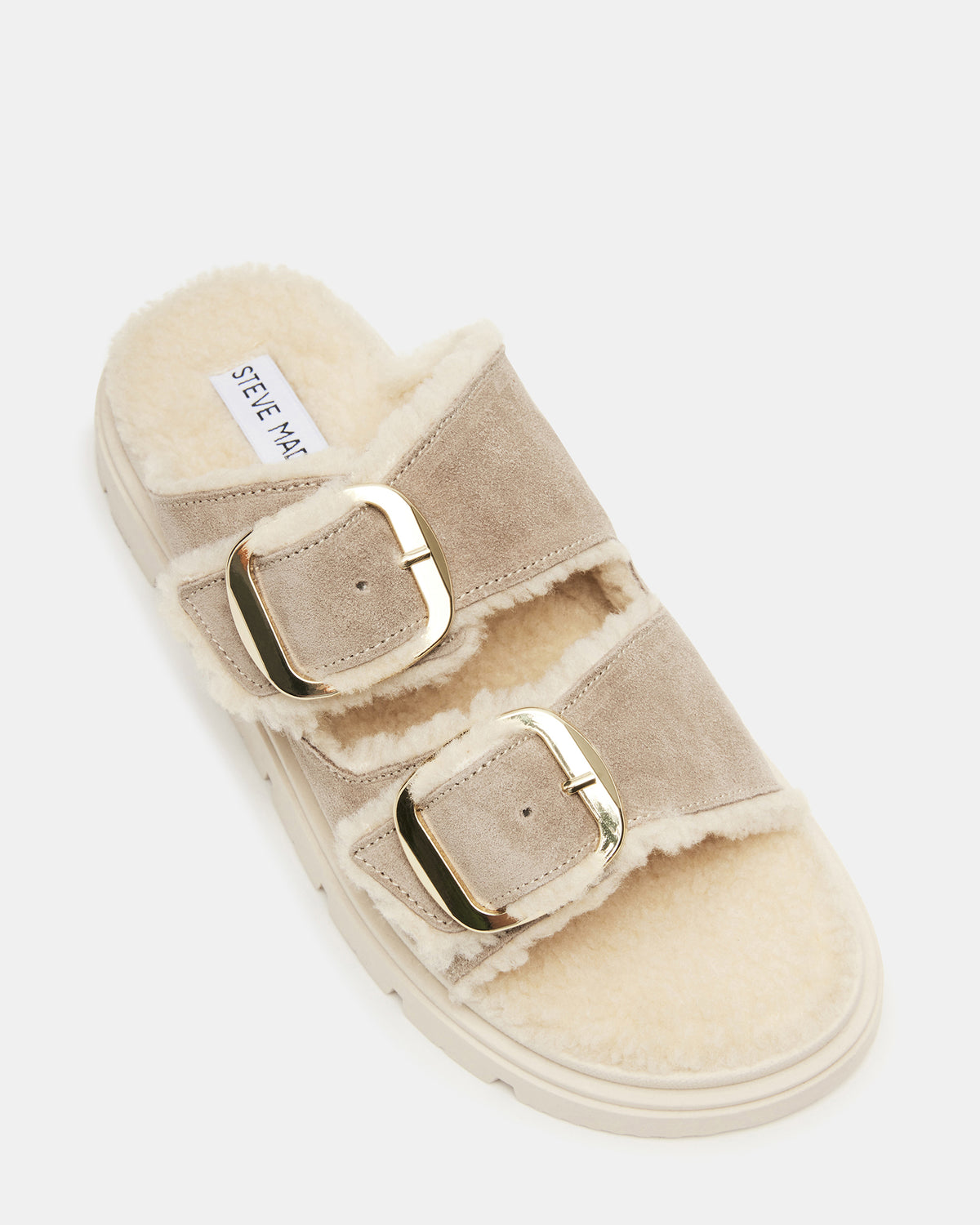 SNUGGLE Sand Suede Faux Fur Slide | Women's Flats Steve Madden SAND SUEDE