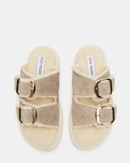 SNUGGLE Sand Suede Faux Fur Slide | Women's Flats Steve Madden SAND SUEDE