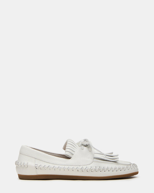 SAMUAL White Leather Fringe Boat Women's Loafer Steve Madden WHITE LEATHER