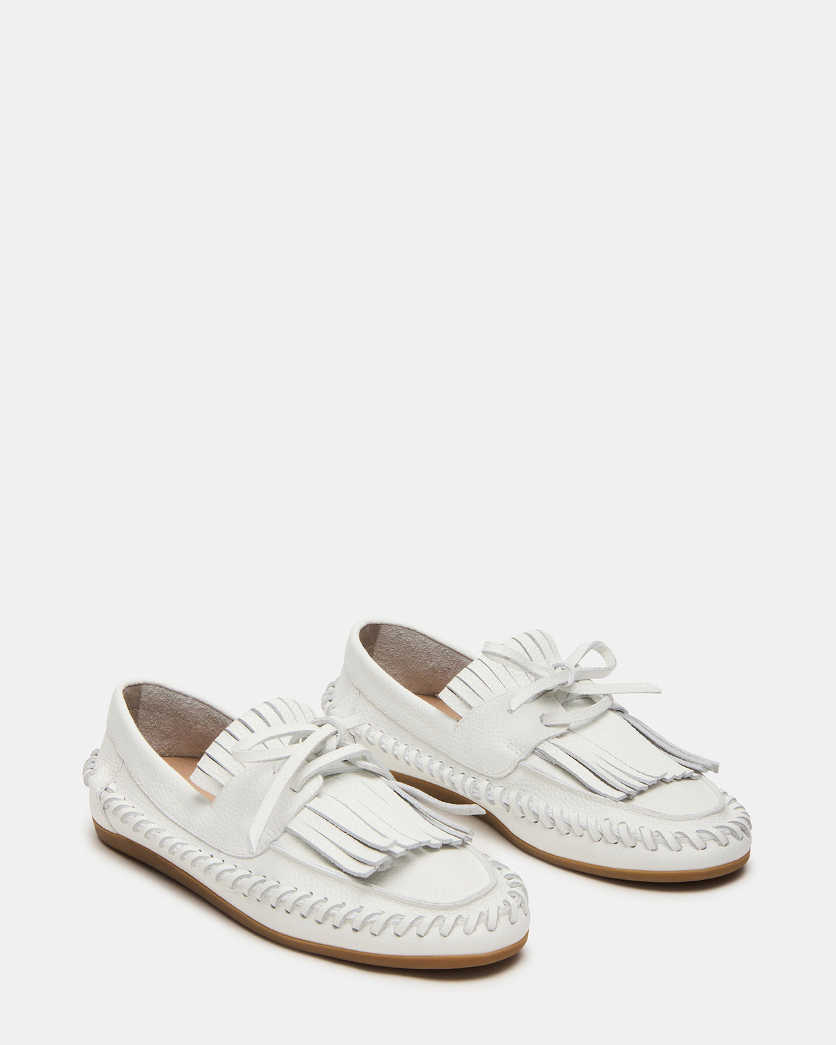 SAMUAL White Leather Fringe Boat Women's Loafer Steve Madden WHITE LEATHER