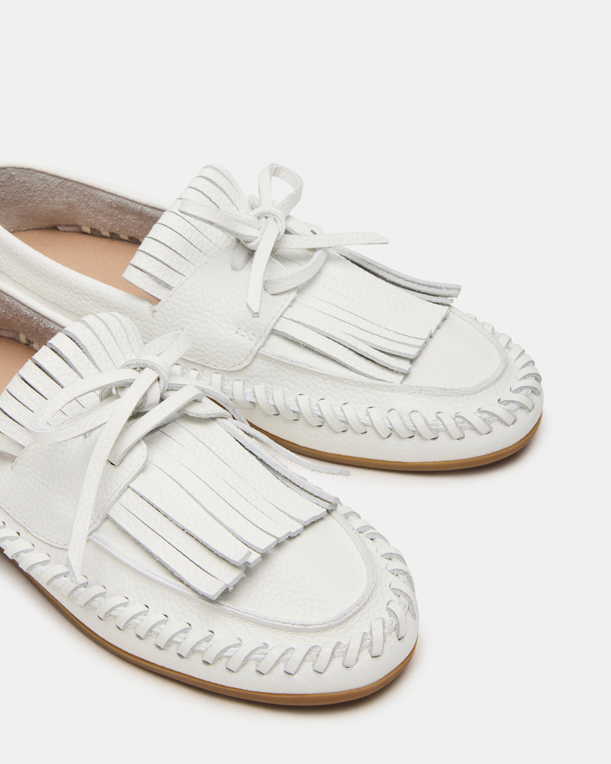 SAMUAL White Leather Fringe Boat Women's Loafer Steve Madden WHITE LEATHER