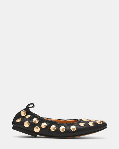 LANTA Black Leather Studded Gold-Detail Round-Toe Women's Flat Steve Madden BLACK LEATHER