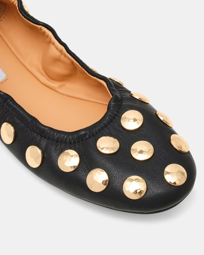 LANTA Black Leather Studded Gold-Detail Round-Toe Women's Flat Steve Madden BLACK LEATHER