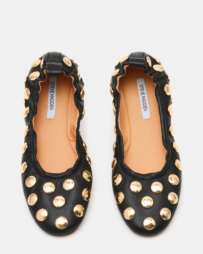 LANTA Black Leather Studded Gold-Detail Round-Toe Women's Flat Steve Madden BLACK LEATHER