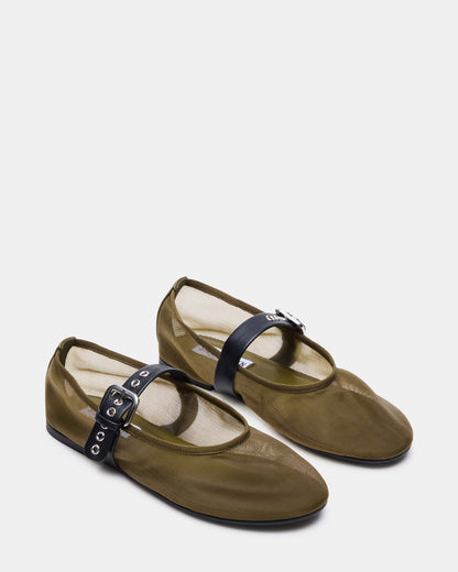 MITSY Olive/Black Mary Jane Mesh Ballet Women's Flat Steve Madden OLIVE/BLACK