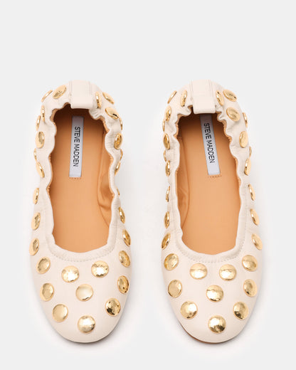 LANTA White Leather Studded Gold-Detail Round-Toe Women's Flat Steve Madden WHITE LEATHER