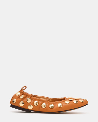 LANTA Tan Leather Studded Gold-Detail Round-Toe Women's Flat Steve Madden TAN LEATHER