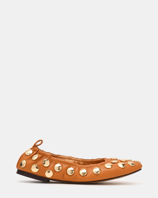 LANTA Tan Leather Studded Gold-Detail Round-Toe Women's Flat Steve Madden TAN LEATHER