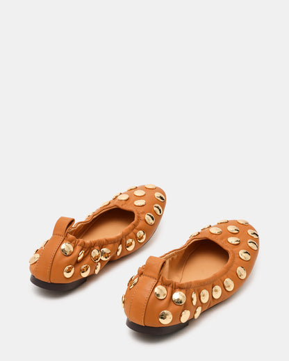 LANTA Tan Leather Studded Gold-Detail Round-Toe Women's Flat Steve Madden TAN LEATHER