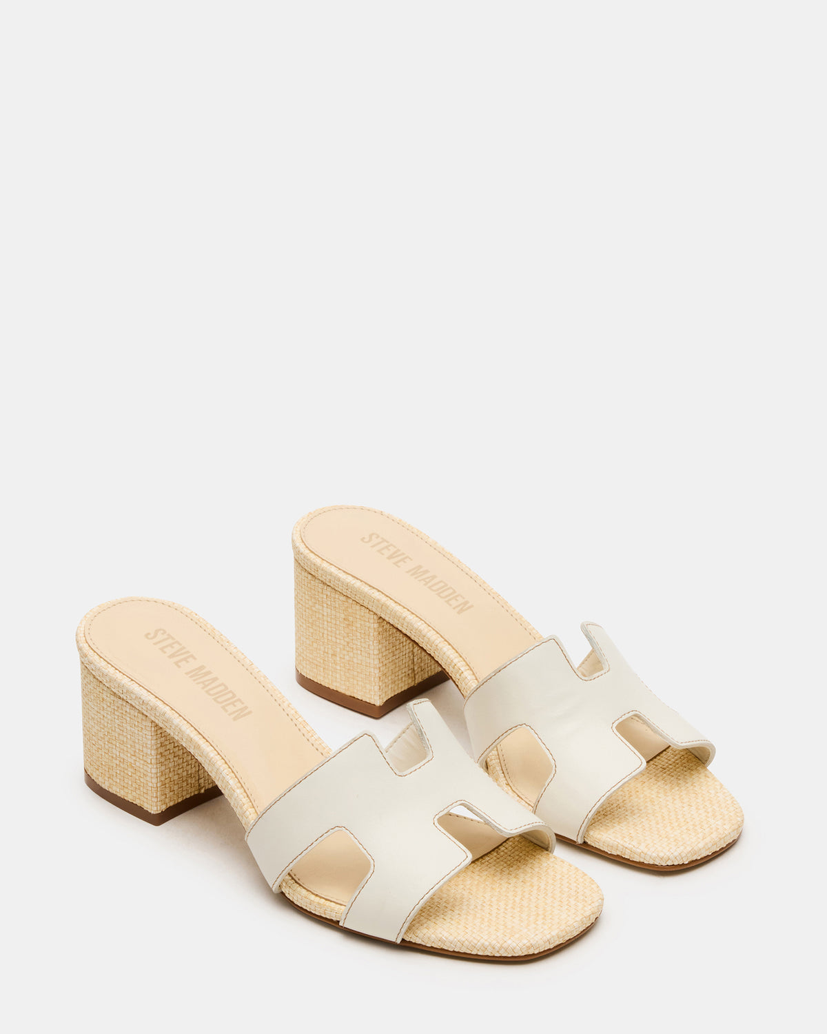 HANA BONE LEATHER Square-Toe Mule Block Heel Women's Sandal Steve Madden BONE LEATHER