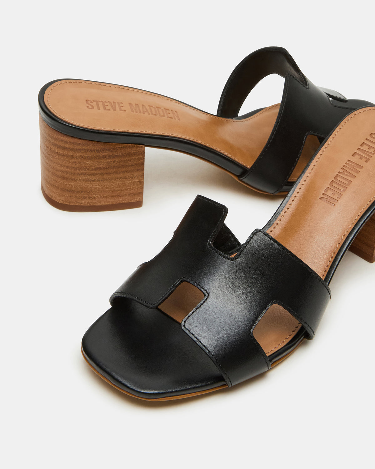 HANA Black Leather Square-Toe Mule Block Heel Women's Sandal Steve Madden BLACK LEATHER