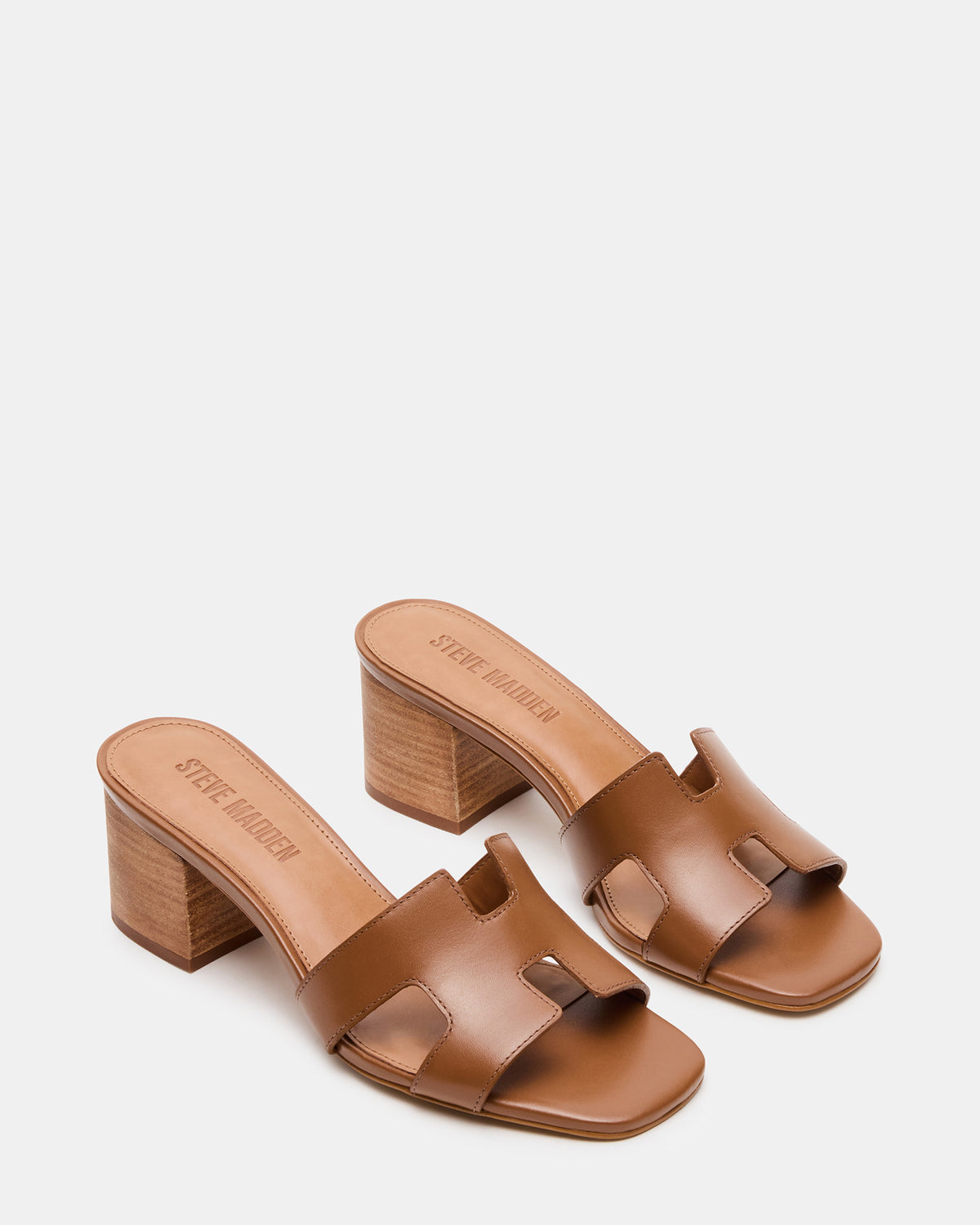 HANA Cognac Leather Square-Toe Mule Block Heel Women's Sandal Steve Madden COGNAC LEATHER
