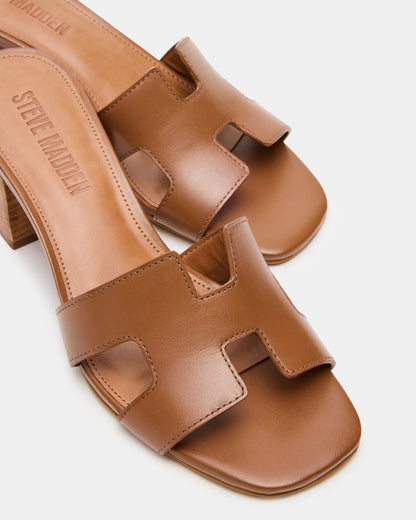 HANA Cognac Leather Square-Toe Mule Block Heel Women's Sandal Steve Madden COGNAC LEATHER