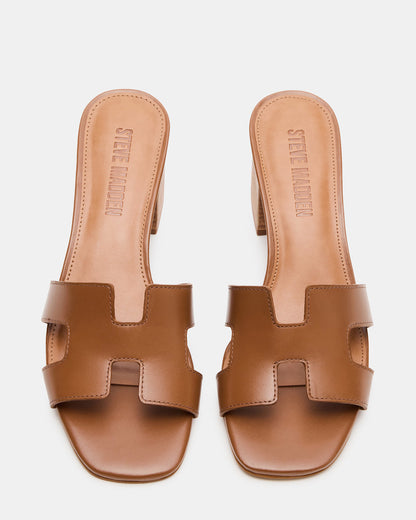 HANA Cognac Leather Square-Toe Mule Block Heel Women's Sandal Steve Madden COGNAC LEATHER