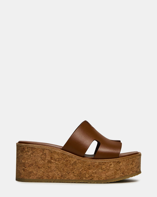 HARMONY Cognac Leather Wedge Mule Cork Platform Women's Sandal Steve Madden COGNAC LEATHER