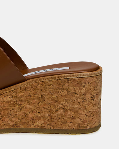 HARMONY Cognac Leather Wedge Mule Cork Platform Women's Sandal Steve Madden COGNAC LEATHER