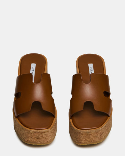 HARMONY Cognac Leather Wedge Mule Cork Platform Women's Sandal Steve Madden COGNAC LEATHER