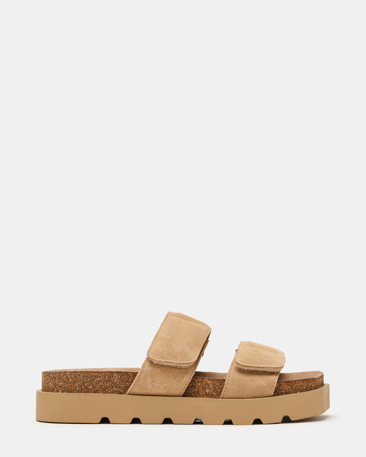 LUTHER Taupe Suede Velcro Strap Slip-On Square-Toe Women's Sandals Steve Madden TAUPE SUEDE