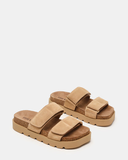 LUTHER Taupe Suede Velcro Strap Slip-On Square-Toe Women's Sandals Steve Madden TAUPE SUEDE