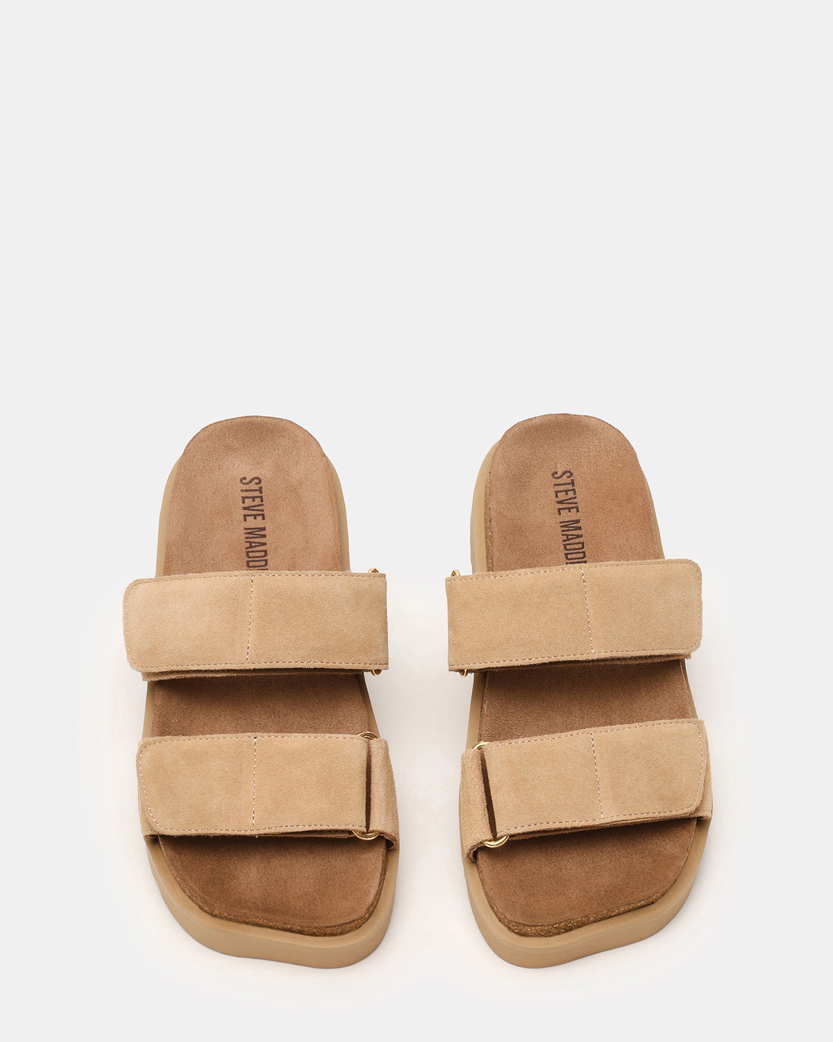 LUTHER Taupe Suede Velcro Strap Slip-On Square-Toe Women's Sandals Steve Madden TAUPE SUEDE