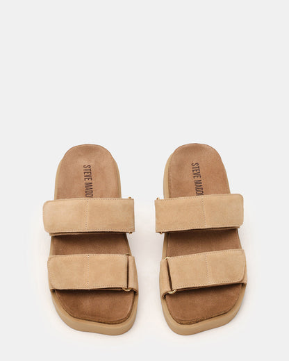 LUTHER Taupe Suede Velcro Strap Slip-On Square-Toe Women's Sandals Steve Madden TAUPE SUEDE