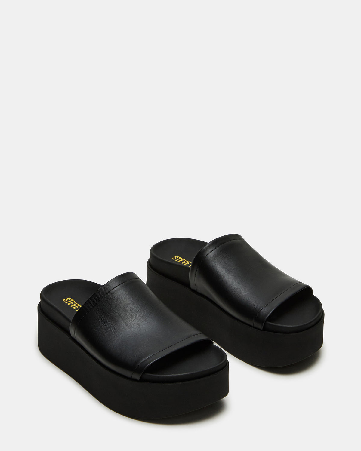ARWEN Black Leather Women's Platform Footbed Slide Chunky Sandal Steve Madden BLACK LEATHER