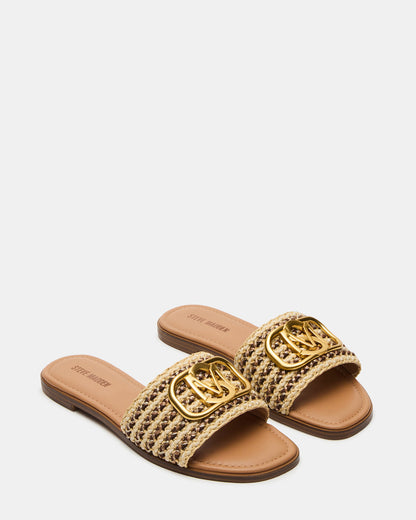 KORA Brown Raffia Gold Detail Slide Women's Sandal Steve Madden BROWN RAFFIA