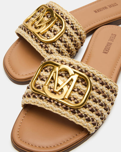 KORA Brown Raffia Gold Detail Slide Women's Sandal Steve Madden BROWN RAFFIA