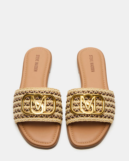KORA Brown Raffia Gold Detail Slide Women's Sandal Steve Madden BROWN RAFFIA