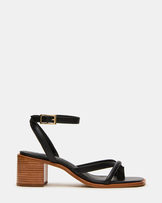 TILLY Black Leather Square-Toe Block Heel Strappy Women's Sandal