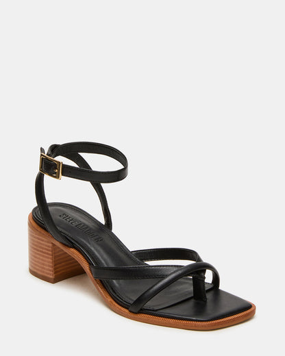 TILLY Black Leather Square-Toe Block Heel Strappy Women's Sandal Steve Madden BLACK LEATHER