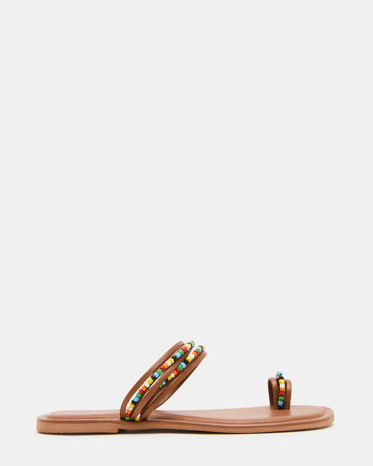 NABILA Tan Multi Sqaure-Toe Beaded Women's Sandal