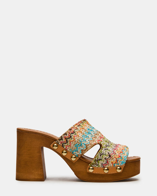 SUNKISSED Multi Raffia Platform Block Heel Studded Women's Sandal Steve Madden MULTI RAFFIA