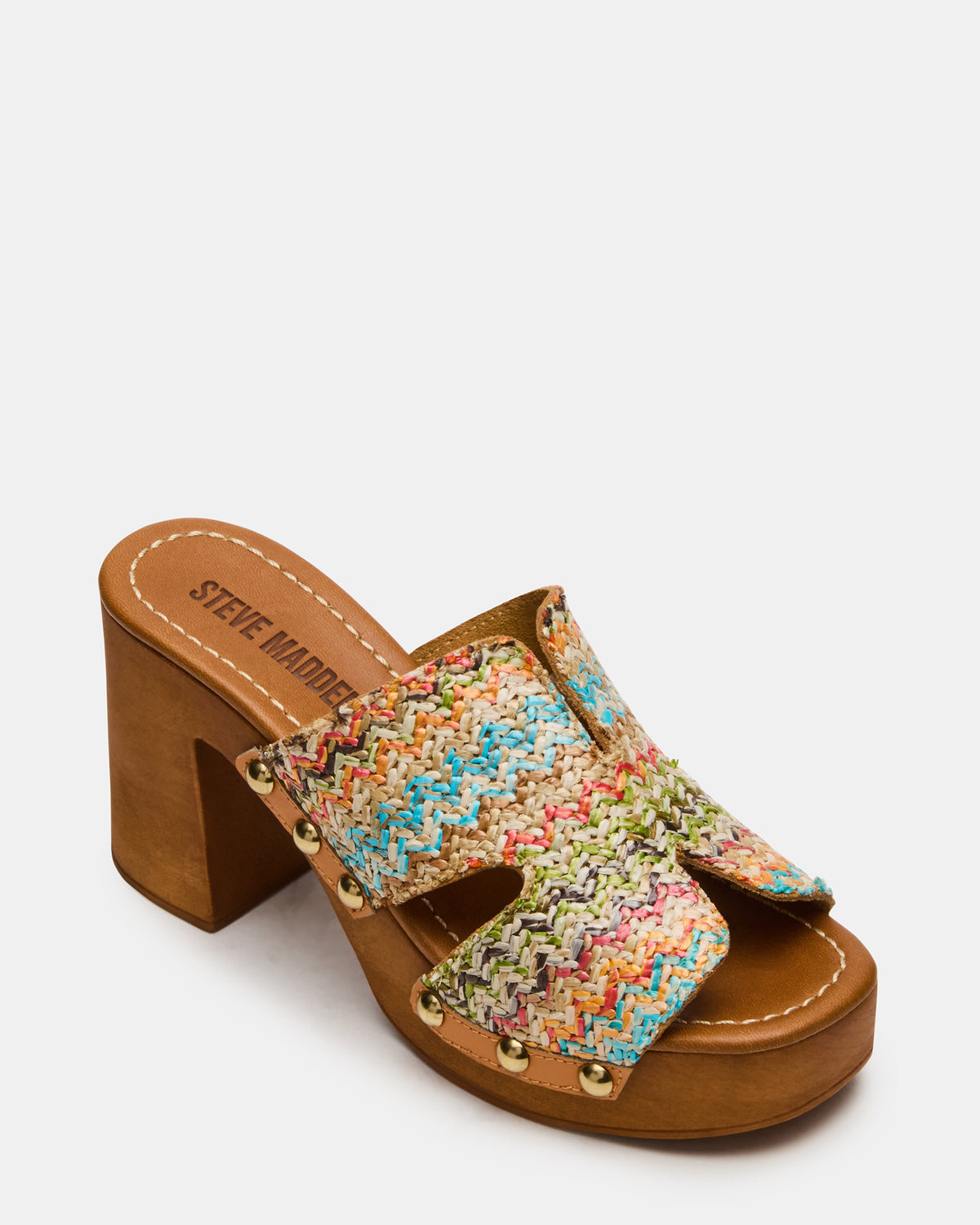 SUNKISSED Multi Raffia Platform Block Heel Studded Women's Sandal Steve Madden MULTI RAFFIA