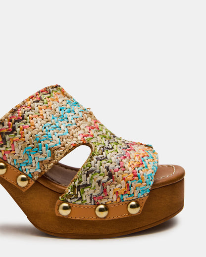 SUNKISSED Multi Raffia Platform Block Heel Studded Women's Sandal Steve Madden MULTI RAFFIA