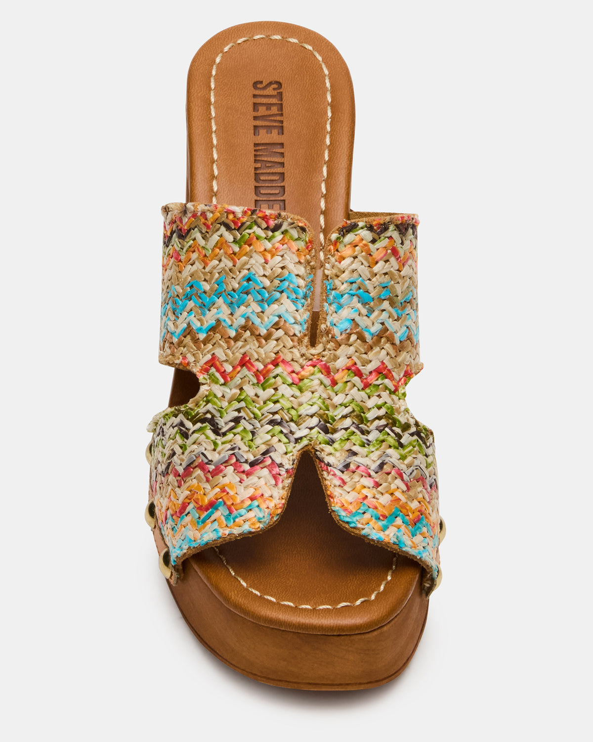 SUNKISSED Multi Raffia Platform Block Heel Studded Women's Sandal Steve Madden MULTI RAFFIA