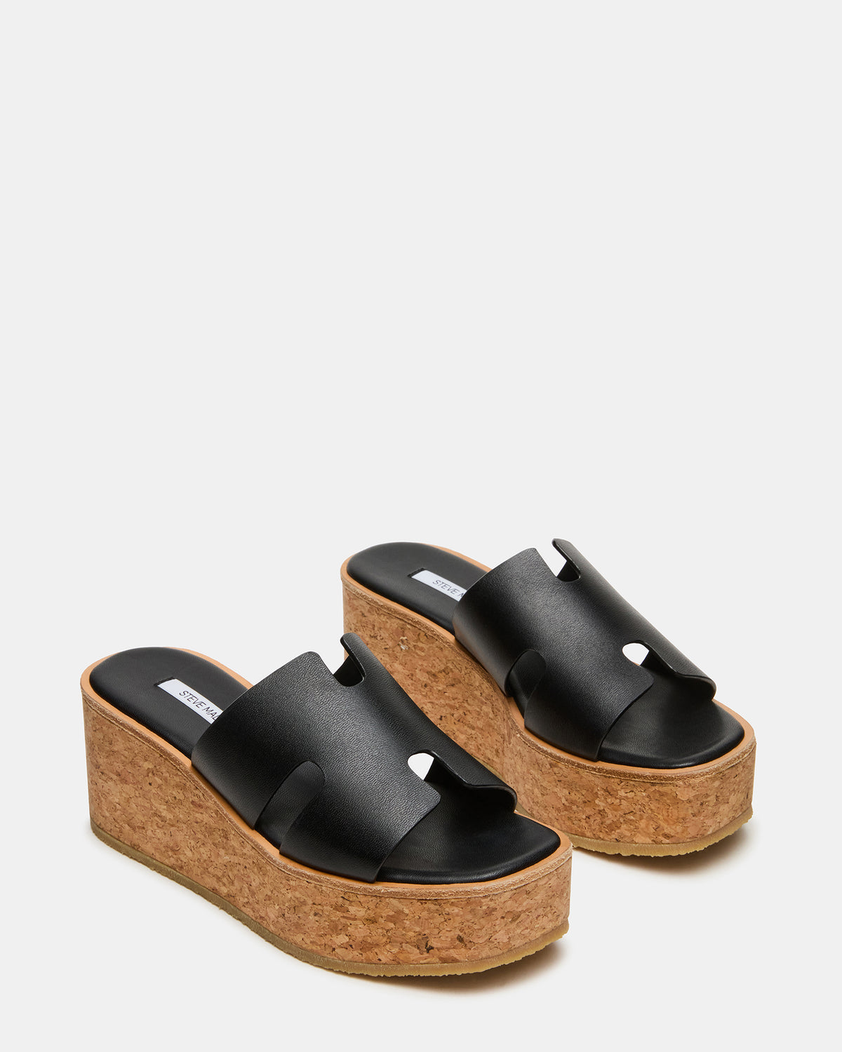 HARMONY Black Leather Wedge Mule Cork Platform Women's Sandal Steve Madden BLACK LEATHER