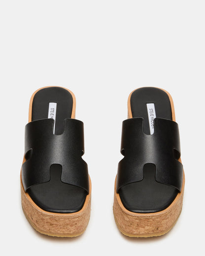 HARMONY Black Leather Wedge Mule Cork Platform Women's Sandal Steve Madden BLACK LEATHER