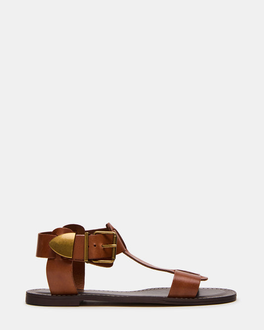 BRAZINN Tan Leather Strappy Flat Sandal Women's Sandal