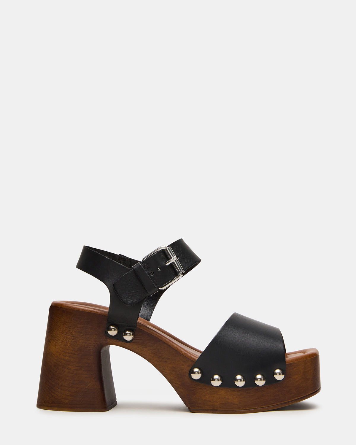 JEMMA Black Leather Square-Toe Wood Bottom Block Heel Women's Sandal Steve Madden BLACK LEATHER