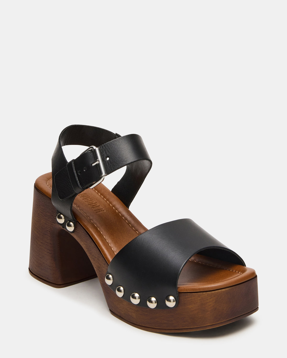 JEMMA Black Leather Square-Toe Wood Bottom Block Heel Women's Sandal Steve Madden BLACK LEATHER