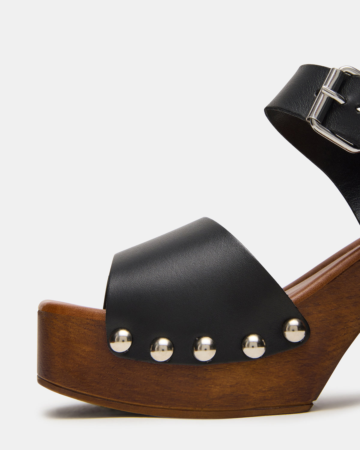 JEMMA Black Leather Square-Toe Wood Bottom Block Heel Women's Sandal Steve Madden BLACK LEATHER