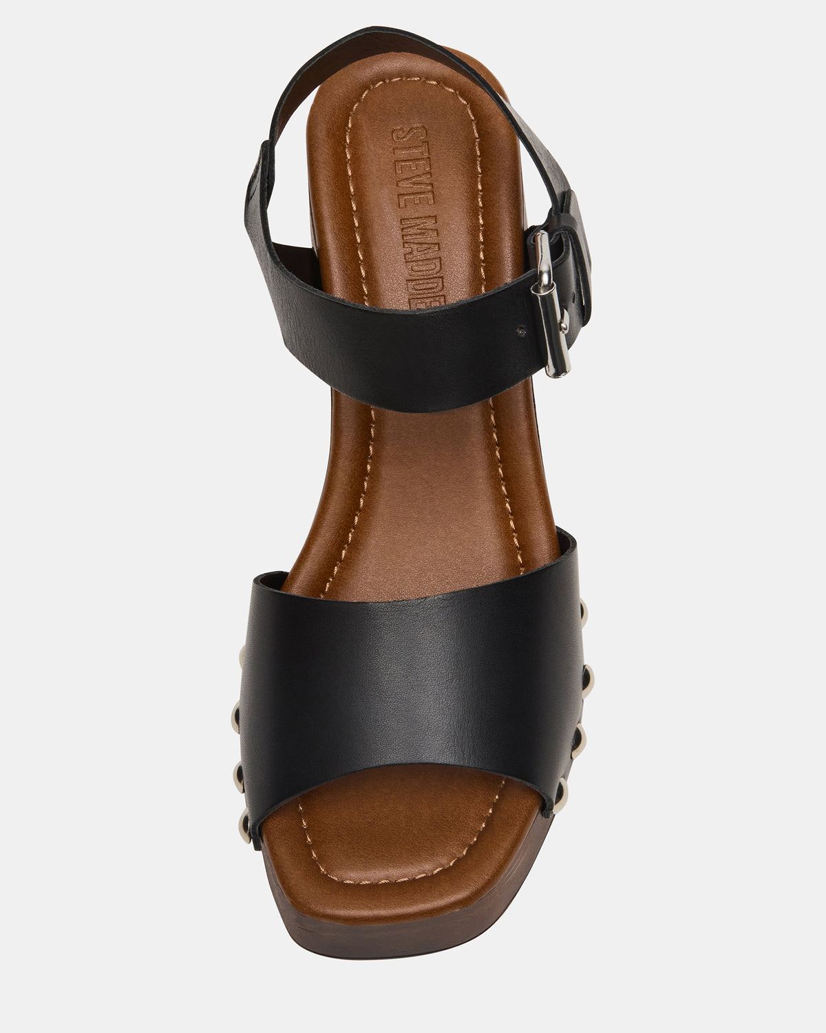 JEMMA Black Leather Square-Toe Wood Bottom Block Heel Women's Sandal Steve Madden BLACK LEATHER