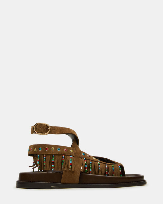 WENDELL Chestnut Suede Beaded Flatform Footbed Strappy Fringe Women's Sandal